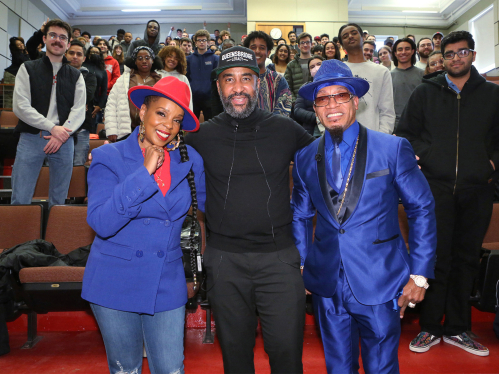 Pictured: professor Derrick Darby with hip hop artists Melle Mel and Rah Digga in the Rhymes and Reasons: Hip Hop and Philosophy signature course.