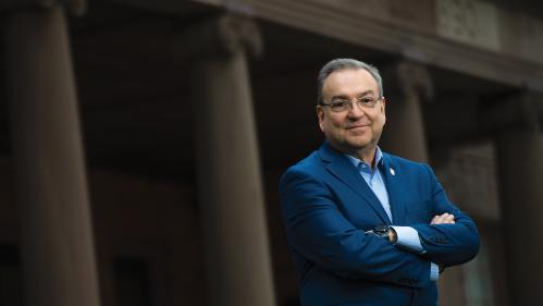 Antonio Calcado, the executive vice president for strategic planning and  operations and chief operating officer, Institutional Planning and Operations, stands outside Winants Hall at Rutgers University–New Brunswick.