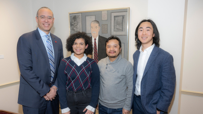 (l. to r.) President Jonathan Holloway with Beatrys Mendez (MGSA ’24), Kabi Raj Lama (MGSA ’24) and Henry Wang (MGSA ’24) at a celebration of the three student artists 
