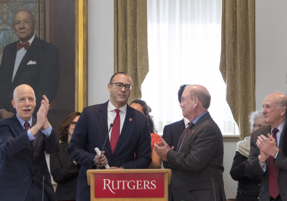 After addressing the Rutgers University Board of Governors and Board of Trustees as president-designate on January 21, 2020, Jonathan Holloway acknowledges a round of applause.