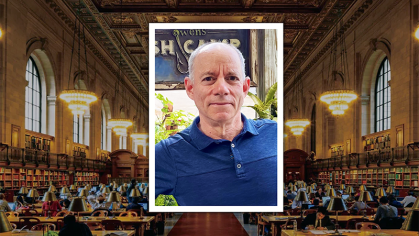James Goodman pictured superimposed on image of the NYPL