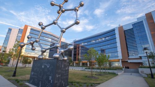 'The PhD Molecule" sculpture of a caffeine molecule by artist Larry Kirkland outside the Chemistry and Chemical Biology building 