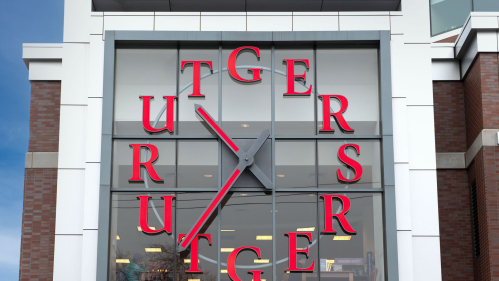 Rutgers clock above Barnes & Noble