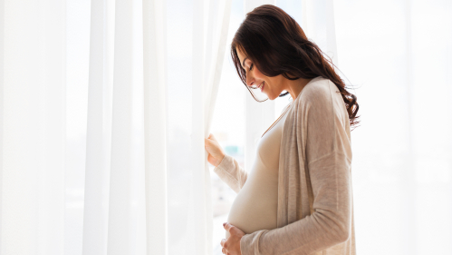 A pregnant woman looking out window.