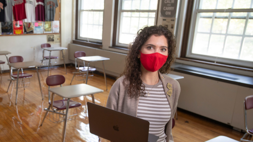 Alumna Kimberly Dickstein Hughes, the 2019–2020 New Jersey State Teacher of the Year, is pictured in her classroom at Haddonfield Memorial High School, in Haddonfield, New Jerse