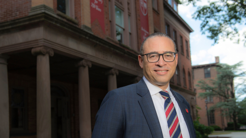 Rutgers president Jonathan Holloway, pictured outside Winants Hall at Rutgers University–New Brunswick