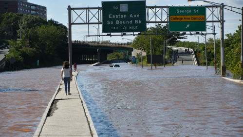 route 18 exit for the College Ave campus flooded from water from the Raritan River