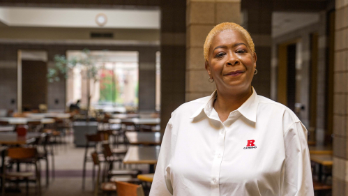 Rutgers Dining Services worker Nicole Bates standing in the Busch Dining Hall