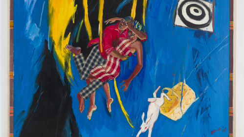 "Targets," 1989, by Emma Amos. Acrylic on canvas with hand-wove fabric and African fabric borders, 57 inches × 6 feet 1 1/2 inches.