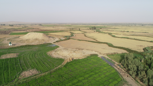 Luftbildaufnahme der Khani-Masi-Ebene, einer Region, in der intensiv Landwirtschaft benutzt.