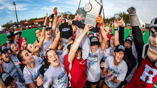 The Scarlet Knights field hockey team, celebrates after defeating Michigan,  1–0, to win the Big Ten Tournament on November 7, 2021