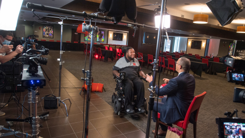 Rutgers president Jonathan Holloway meets with Eric LeGrand