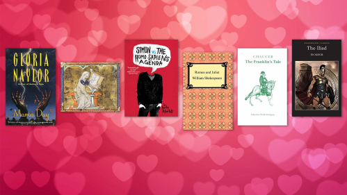 Romance book covers on top of lots of hearts