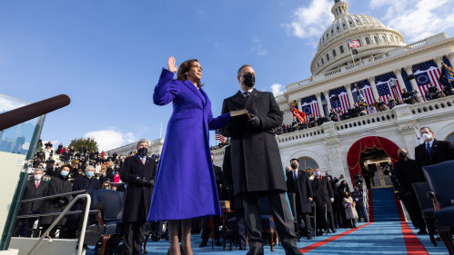 Vice President Kamala Harris during her swearing in at the Presidential Inauguration on January 20, 2021