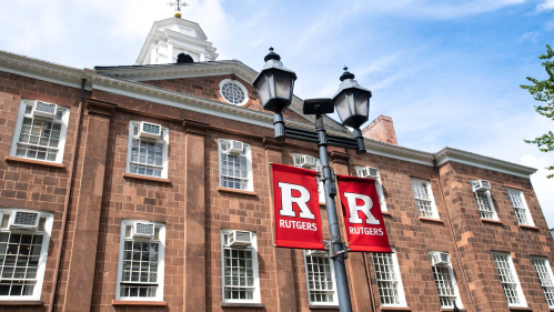 Block R banners in front of Winants Hall