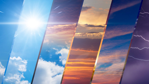 six vertical slices of photos of different skies with different colored clouds