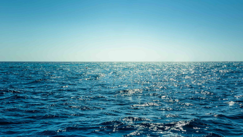 A wide expanse of blue ocean with a medium blue sky with brightness at the horizon, suggesting a sunrise.