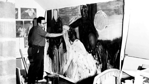 George Segal paints in his studio on his South Brunswick farm.