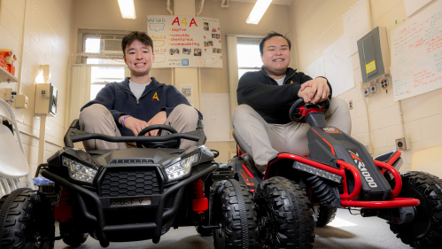 Graduating seniors Michael Gibbons (SOE ’25) and Aaron Clarion (SOE ’25), roommates and founders of A's 4 All (Accessible, Accommodating, Adaptive and Adventurous for All), design and modify toys and devices for children with physical and developmental disabilities.