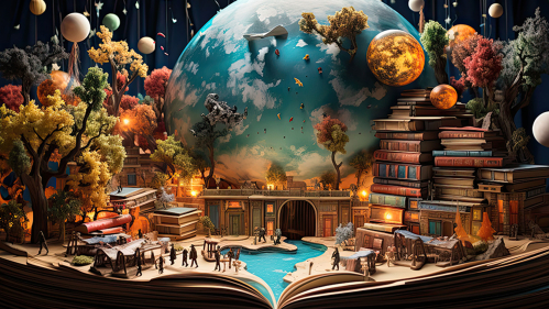 a flurry of books and globes and trees