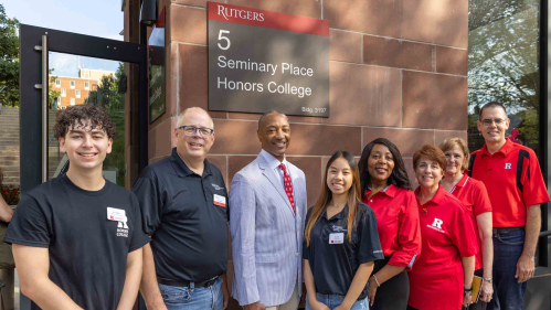 On hand during move-in day were: Jerry Deblois (left), an Honors College lead community mentor; Honors College Dean J.D. Bowers; Rutgers President William F. Tate IV; Alina Chen, an Honors College lead ambassador; Rutgers-New Brunswick Chancellor Francine Conway; Francesca Maresca, Interim Vice Chancellor for the Student Experience; Carolyn Moehling, Senior Vice Provost and Vice Chancellor for Undergraduate Education; and Charles Keeton, Vice Provost for Experiential Learning.