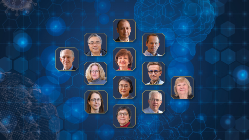 Twelve Rutgers Professors on a blue background