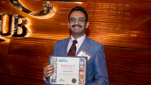 Harsh Mahajan, a graduate student at Rutgers Law School in Newark and 2024 Impact Award recipient, at the Committee to Advance our Common Purposes Awards Ceremony.