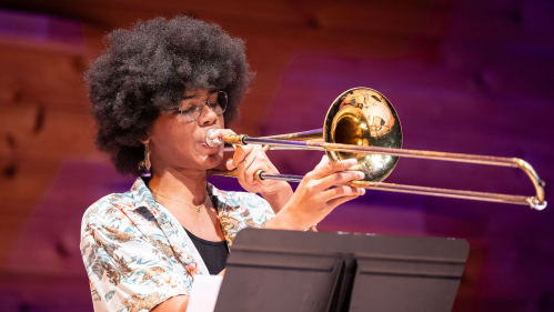 mason gross student playing a trumpet