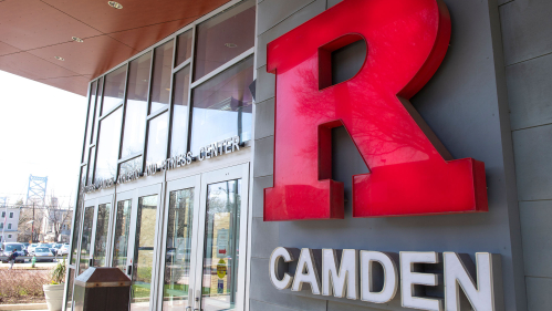 The Rutgers-Camden Athletic and Fitness Center entrance with block R