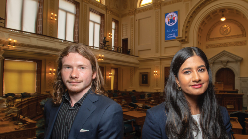 James Cortes and Nina Gohel in the New Jersey State House in Trenton, New Jersey