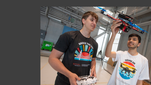 Rutgers school of engineering students experimenting with a drone