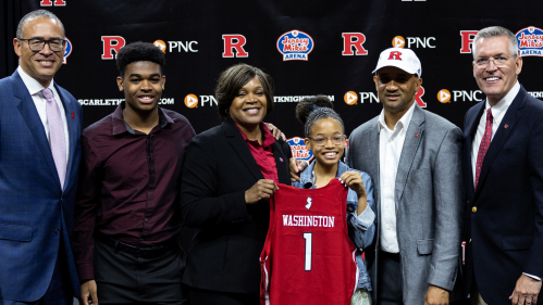 Coquese Washington is pictured, from the left, with Rutgers president Jonathan Holloway; her son, Quenton; her daughter, Rhaiyna; her husband, Raynell Brown; and Rutgers athletics director Patrick Hobbs.