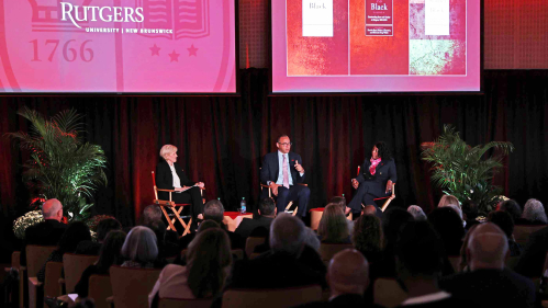 Carolyn Moehling (left), vice provost for undergraduate education at Rutgers–New Brunswick, and Francine Conway (right), chancellor-provost of Rutgers–New Brunswick, listen to Rutgers President Jonathan Holloway (center) discuss the Academic Master Plan for Rutgers–New Brunswick during a public forum on the College Avenue campus Wednesday evening.