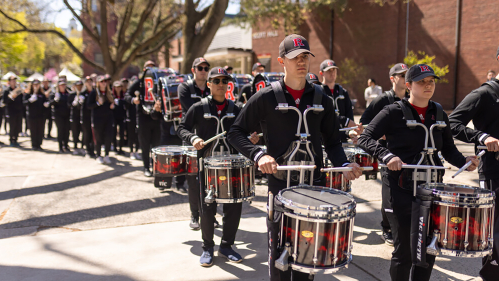 Members of Rutgers University's marching band perform on Rutgers Day at the College Avenue campus.