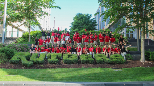 Rutgers students training for the orientation team gather for a group photo.
