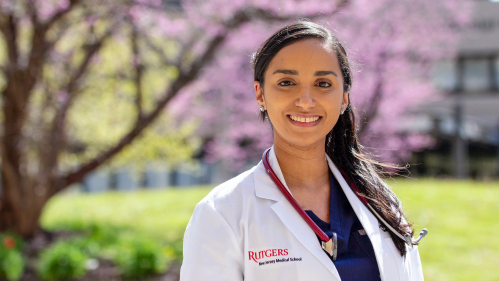 Medical Student Angelica Lopez stands in the courtyard outside Rutgers New Jersey Medical School. 
