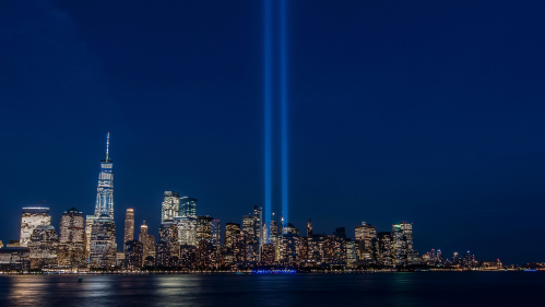 New York skyline with lights representing Twin Towers