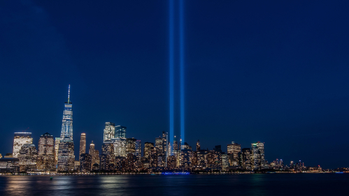 New York skyline with lights representing Twin Towers