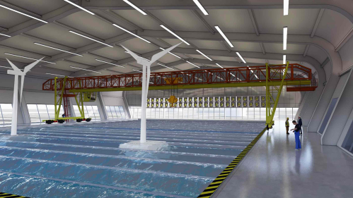 artist conception of a large interior with a large pool and white windmills, a concrete floor, and steel roofing