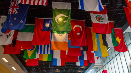 Flags hang in Rutgers Business School