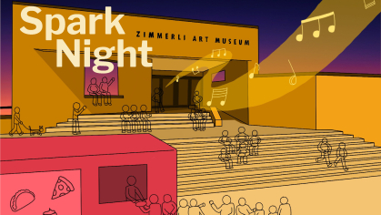 graphic of Zimmerli exterior with SparkNight and Zimmerli Art Museum