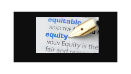 Gold pen pointing to the word equity in blue