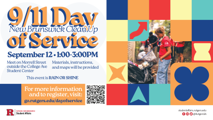 Image features text promoting the 9/11 Day of Service, alongside blocks of color and an image of a student picking up trash