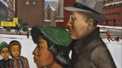 Snow covers a park with brick buildings of a downtown city in the background. Two children in winter clothes watch a middle aged couple walk by.