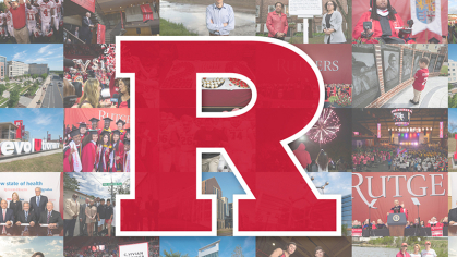 Photo mosaic of images from top stories overlayed with block R