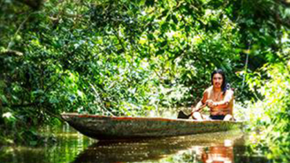 A person canoeing in the Amazon River