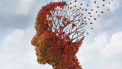 Illustration of head shaped tree losing leaves