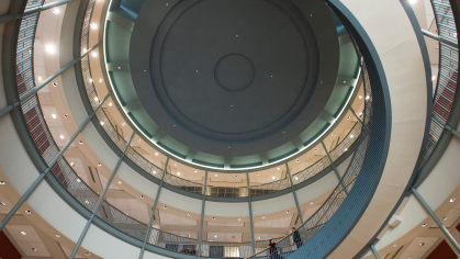 Interior staircase of the Justice Center on the Newark Campus