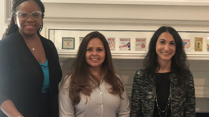 Charlene Vickers of Johnson & Johnson (left), with MBA students Renee Flores and Gal Atia and Len DeCandia of Johnson & Johnson.