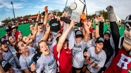 The Scarlet Knights field hockey team, celebrates after defeating Michigan,  1–0, to win the Big Ten Tournament on November 7, 2021